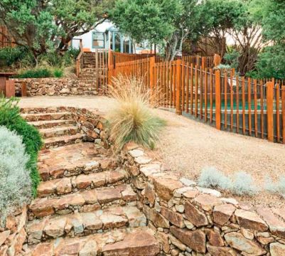 Stone Staires with garden and pool in background